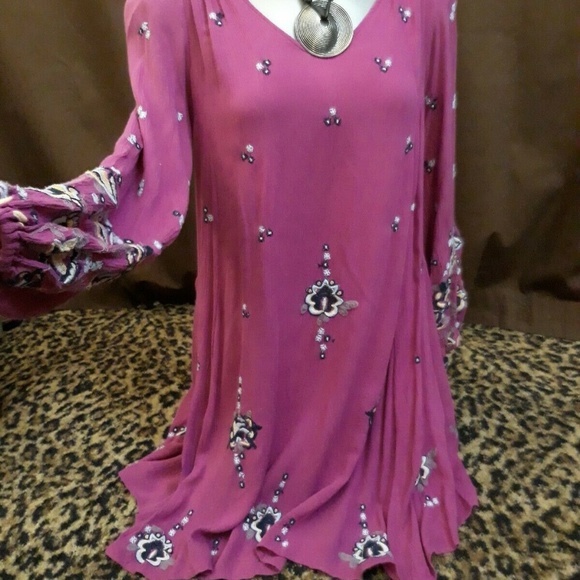 Bohemian Embroidered Floral Mini Open Back Tunic Dress Pink Lilac XS FREE PEOPLE - Picture 3 of 8